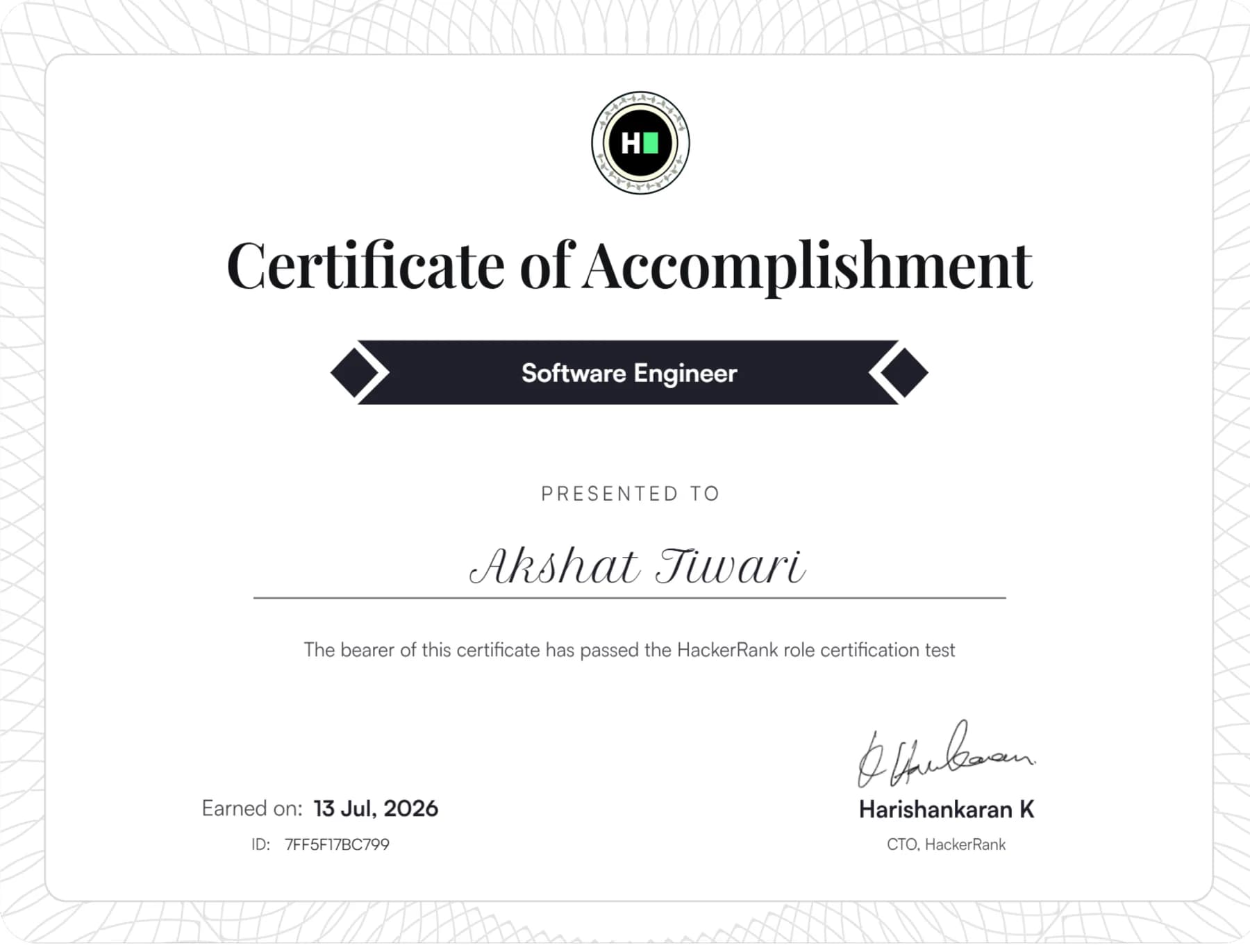 Preview of HackerRank Software Engineer certificate