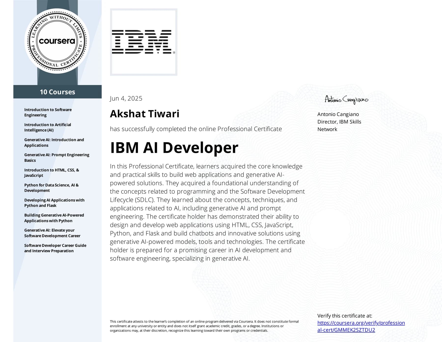 Preview of IBM AI Developer certificate
