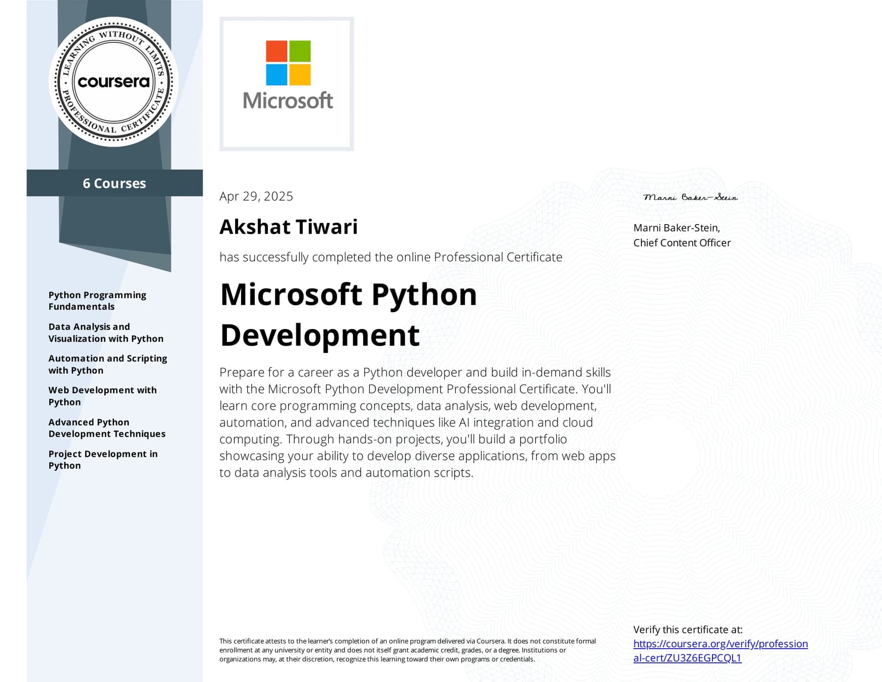 Preview of Microsoft Python Development certificate